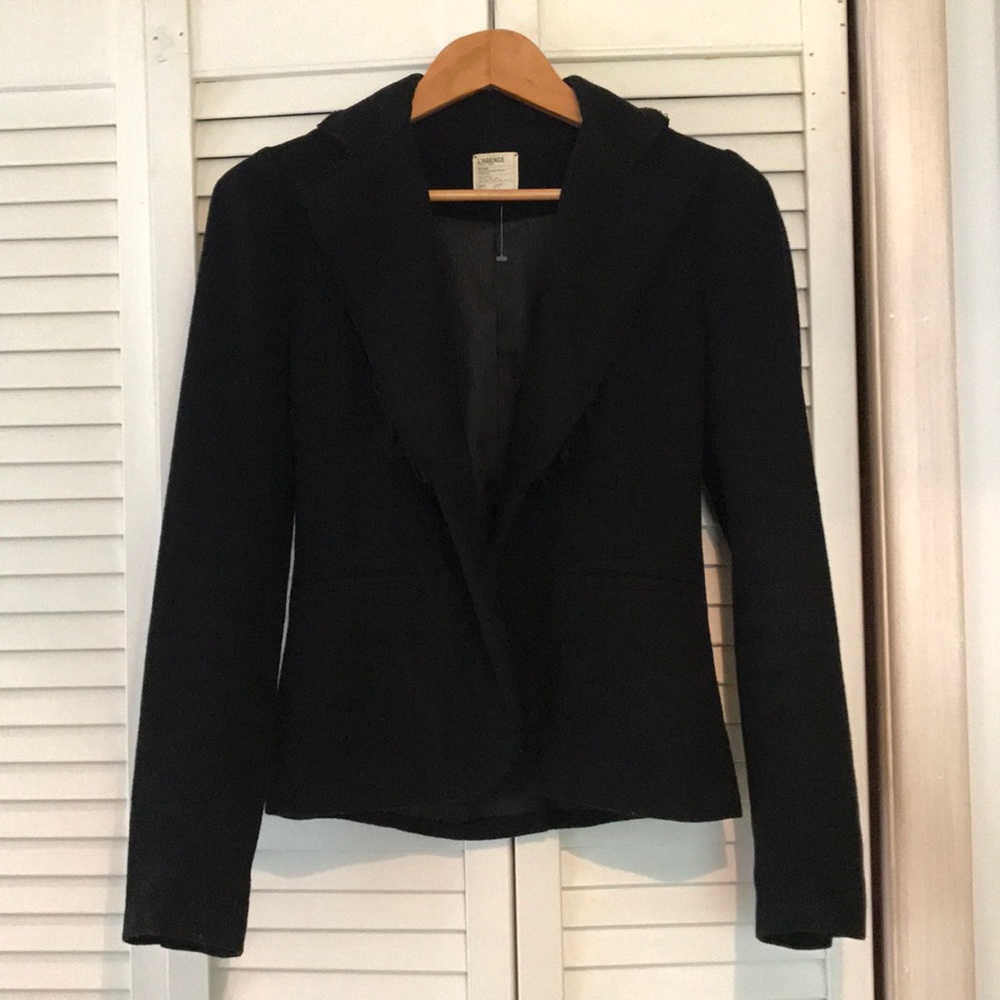 Black 1-button wool blazer with frayed trim detail